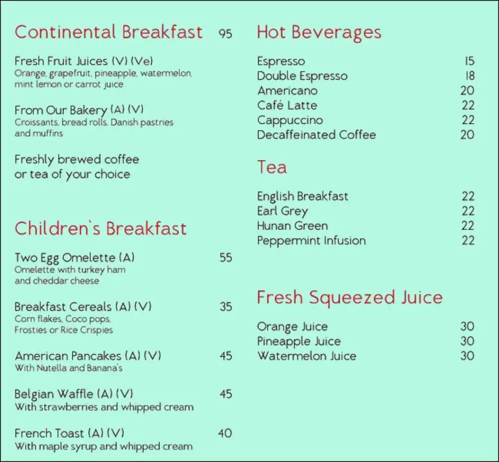 Sheraton Breakfast Hours, Menu & Prices